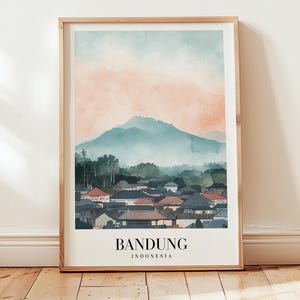 Póster de viaje de Bandung, arte mural de Indonesia, impresión retro de viaje en colores suaves, arte minimalista para interiores con pasión por los viajes, impresión para amantes de los viajes.