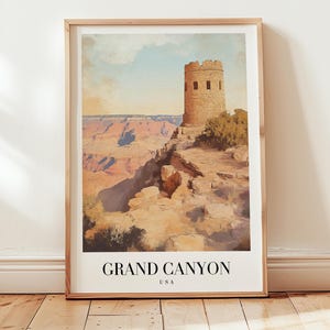 Impresión de la torre de vigilancia con vista al desierto del Gran Cañón, póster de viaje a Arizona, arte mural de parques nacionales de EE. UU., paisaje escénico del cañón