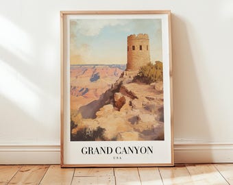May include: Framed print of the Grand Canyon in the USA. The artwork depicts a stone tower on a cliff overlooking the canyon. The print has a vintage aesthetic with warm, earthy tones and the text "GRAND CANYON USA" at the bottom.