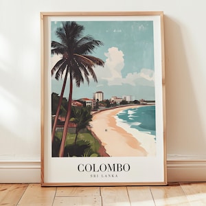 May include: A vintage travel poster depicting a palm tree and a beach scene in Colombo, Sri Lanka. The poster is in a blue, green and white colour scheme.