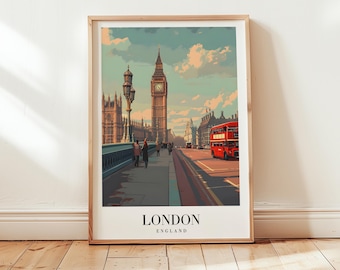Puede incluir: Un póster de viaje de estilo vintage con un autobús de dos pisos rojo conduciendo por un puente frente al Big Ben y otros edificios de Londres, Inglaterra. El póster tiene el texto "LONDON ENGLAND" en la parte inferior.