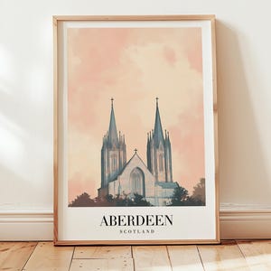 Impresión de viaje de Aberdeen, Escocia, arte mural de catedral gótica, póster de arquitectura escocesa, decoración del hogar con un lugar emblemático del Reino Unido, arte de viaje rústico para el hogar.