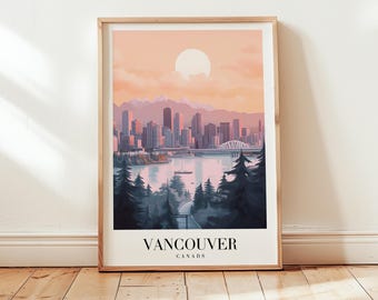 May include: A vintage-style poster with a pink and orange sunset over a cityscape. The skyline features buildings and a bridge. The text "VANCOUVER CANADA" is at the bottom of the poster.