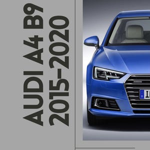 Op de afbeelding: Een blauwe Audi A4 B9 met de tekst "AUDI A4 B9 2015-2020" en "WERKSTATTHANDBUCH" op de omslag van een werkplaats handboek.