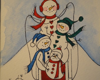 5x7" Custom snowmen/women/children/pets in pen/ink/watercolors.  Personalized per your suggestions.