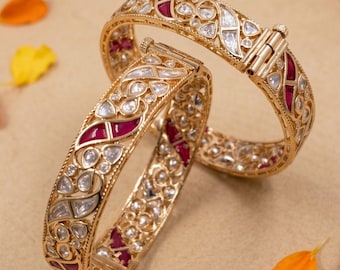 Traditional Gold Palted Openable Uncut Polki Kundan Kada Bangles For Women | Wedding And Festive Wear Indian Bangles | Ethnic Bracelets