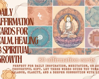 May include: A set of 80 affirmation cards featuring a colourful mandala design. The cards are ideal for daily inspiration, meditation, or as a thoughtful gift. The text on the cards reads "Daily Affirmation Cards for Calm, Healing & Spiritual Growth".