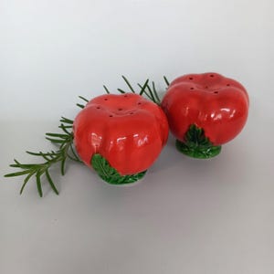 May include: Two ceramic salt and pepper shakers in the shape of red tomatoes. Each shaker has a green leaf base and small holes on top. A sprig of rosemary is placed next to the shakers.