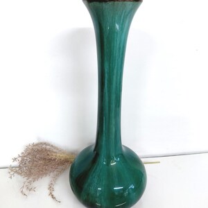 May include: A tall, elegant green vase with a bulbous base and a slender neck. The vase has a glossy finish with darker green streaks, and a dark brown rim. The vase is a decorative item.