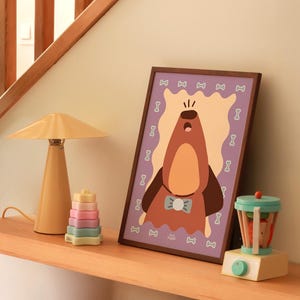 Howling Dog Art Print for Kids | Purple & Brown Nursery Poster | Playful Puppy Wall Art | Illustrated Dog with Frame Animal Decor