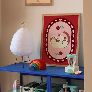 Stampa artistica di un simpatico gatto a testa in giù – Decorazione da parete per cameretta dei bambini di metà secolo con occhi e rose – Poster di un gattino in stile Art Déco per la decorazione della cameretta dei bambini