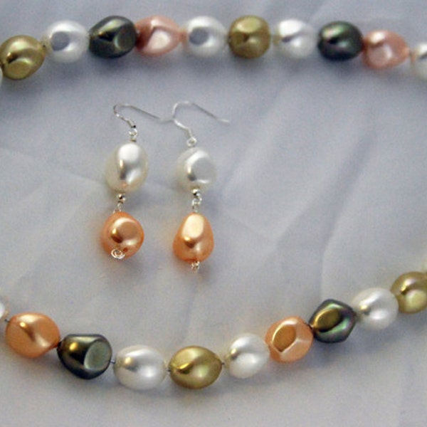 Pearl necklace 50% off - Large shell pearls. matching earrings: white, olive, champagne and deep grey faceted oval pearls. Clearance Sale