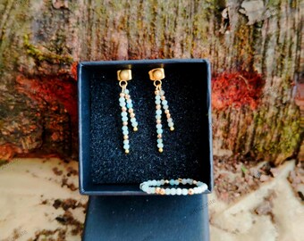Handmade elegant  jewelry set, consisting of delicate dangle earrings and Elastic ring with amazonite gemstones.