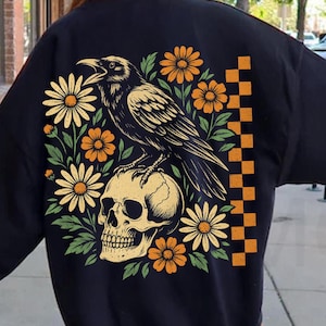 Retro Floral Crow Raven PNG, Gothic Floral Checkered PNG, Dark Bird Sublimation Design, Crow Bird Humor Design, Spooky Autumn Floral png