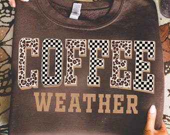 Retro Coffee Weather PNG, Coffee Lover png, Cozy Weather, Retro Checkered Fall PNG, Varsity Fall PNG, Checker png, Trendy Autumn png