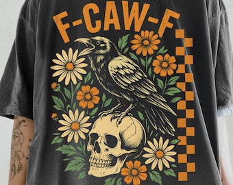 Crow Raven PNG, F-CAW-F Funny Halloween png, Gothic Floral Checkered PNG, Dark Bird Sublimation Design, Crow Bird Humor Design