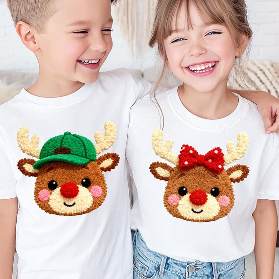 Latch Hook Yarn Crochet Kids Reindeer Christmas PNG, Matching Boy and Girl Holiday Deer Design, Boy Girl Christmas Png, Cute Christmas Png