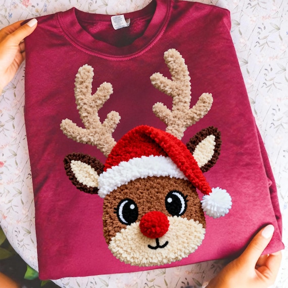 Christmas Latch Hook Yarn Crochet Red Nose Reindeer Design, Christmas png, Christmas Movies Png, Preppy Christmas png, Cute Christmas png