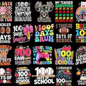 以下が含まれることがあります： 「100日学校」の文字と、カップケーキ、サングラス、鹿、虹、サッカーボール、バスケットボール、ビデオゲームコントローラー、モンスタートラック、野球ボール、スクールバスなど、さまざまなイラストが描かれた、カラフルなグラフィックデザイン18点のセットです。