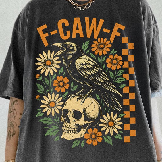 Crow Raven PNG, F-CAW-F Funny Halloween png, Gothic Floral Checkered PNG, Dark Bird Sublimation Design, Crow Bird Humor Design