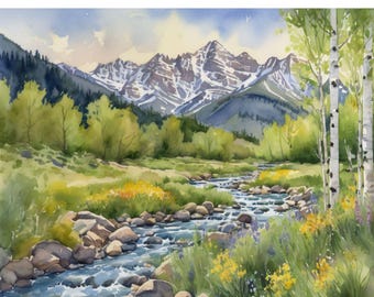 Wasatch Mountains Watercolor Art Print – Utah Landscape Painting, Wildflowers & Pine Forest River, Hiking Travel Poster, Nature Wall Decor