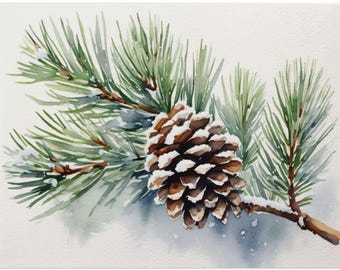 May include: Watercolor painting of a pine branch with a large pine cone. The pine needles are green, and the pine cone is brown with white accents. Snow is lightly dusted on the branch and cone, suggesting a winter theme.