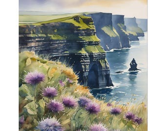 Cliffs of Moher Art Print, Watercolor Thistle Painting, Emerald Isle Wall Art Irish Coastal Landscape, Travel Gift Decor