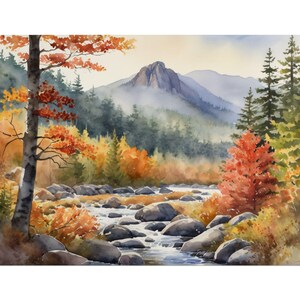 White Mountains Watercolor Art Print – Fall Foliage Landscape Painting, New Hampshire - Scenic Nature Northeast Mountain Decor