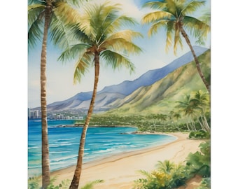 Honolulu Waikiki Watercolor Art Print, Diamond Head Hawaii Poster, Tropical Island Beach Travel Gift