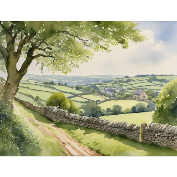 Impresión de acuarela de Cotswold, arte mural de la campiña inglesa, pintura de paisaje rural, arte natural de Yorkshire Dales, decoración británica, regalo de viaje