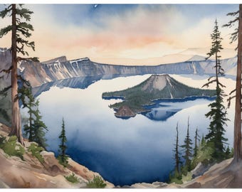Könnte beinhalten: Ein Aquarellgemälde des Crater Lake in Oregon, mit Wizard Island in der Mitte des Sees. Der See ist tiefblau und der Himmel ist hellblau mit rosa und orangefarbenen Wolken. Das Gemälde wird von Bäumen auf beiden Seiten eingerahmt.