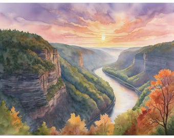 New River Gorge Watercolor Art, West Virginia Mountain & River Landscape, Forest Pine Wall Art, Evergreen Forest Poster