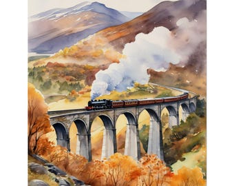 Glenfinnan Viaduct Watercolor Painting, Scottish Highlands Landscape Print, Fall Scotland Travel Poster, Gift for Scotland Lovers
