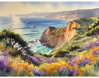 Torrey Pines Watercolor Painting, San Diego Coast Art Print, Beach Wall Art, Coastal Landscape Poster, California Travel Decor Gift