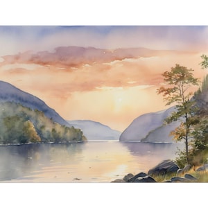 Hudson River Watercolor Art Print – New York Landscape Painting, Hudson Valley Lake, Scenic Nature Wall Decor, Travel Poster