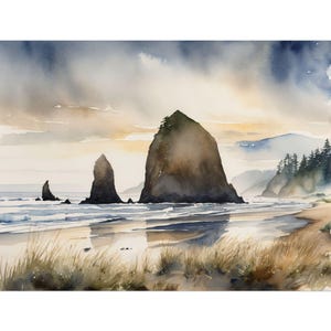 May include: A watercolour painting depicting Haystack Rock and other rock formations along the Oregon coast. The sky is a blend of grey and yellow, with the sun setting in the distance. The beach is sandy and waves are crashing on the shore.