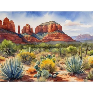 Aquarelkunstdruk Sedona – Woestijnlandschap van Arizona, muurkunst kathedraalrots, poster Red Rock Canyon, decor zuidwesten