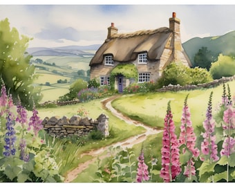 English Cottage Watercolor Art Print, Country House Decor, Vintage Cottagecore Painting, Farmhouse Wildflowers Art, Rural England Home Print