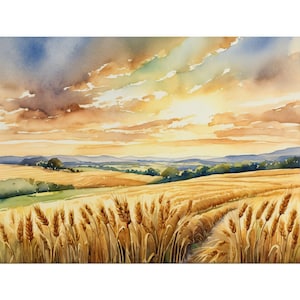 May include: A watercolor painting of a field of wheat at sunset. The sun is setting behind the wheat field, casting a warm glow on the landscape. The sky is a mix of blue, orange, and pink.