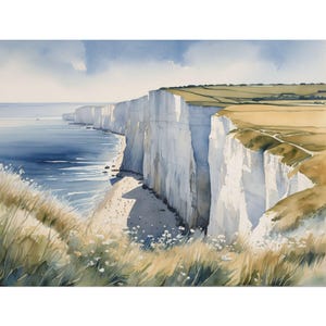 May include: A watercolour painting depicting the iconic white cliffs meeting the sea under a blue sky. The cliffs are topped with green and yellow fields. The foreground shows tall, dry grass and small white flowers.