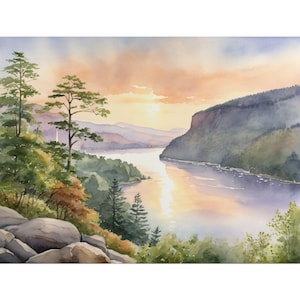 Hudson River Watercolor Art Print – New York Landscape Painting, Hudson Valley Lake, Scenic Nature Wall Decor, Travel Poster