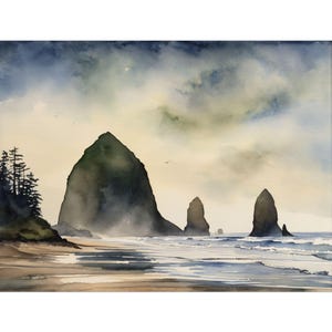 May include: Watercolor painting of a coastal landscape featuring large rock formations in the ocean. The artwork depicts a beach with waves, a cloudy sky, and a dark green headland with trees. The color palette includes blues, greens, and browns.