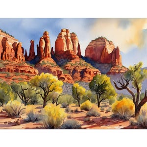 Sedona Watercolor Art Print – Arizona Desert Landscape Painting, Cathedral Rock Wall Art, Red Rock Canyon Poster, Southwest Decor