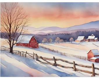 Winter Farm Landscape Watercolor Art Print, Red Barn Painting, Winter Country Wall Art, Rustic Farmhouse Holiday Decor