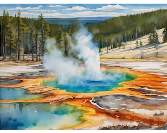 Yellowstone Watercolor Art Print – Geysers & Wyoming Landscape, National Park Poster, US Travel Souvenir Wall Decor, Nature Painting