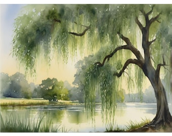 Willow Tree Watercolor Art Print, Lakeside Landscape Painting, Weeping Willow Wall Decor, Countryside Nature Poster, Botanical Green Art