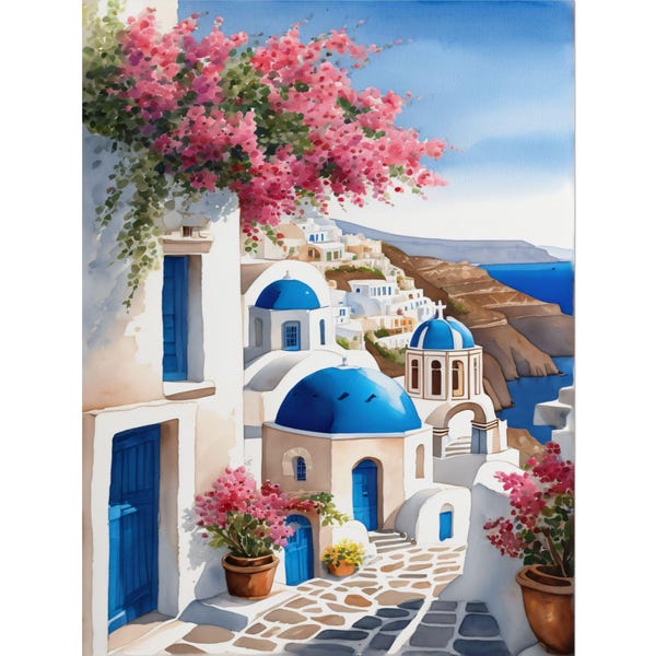 Santorini Watercolor Art Print, Greece Coastal Landscape Painting, Blue Domes & Aegean Sea Wall Art, Travel Poster, Mediterranean Home Decor