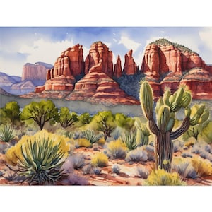 Sedona Watercolor Art Print – Arizona Desert Landscape Painting, Cathedral Rock Wall Art, Cactus Canyon Poster, Southwest Decor