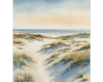 May include: Watercolor painting of a beach scene. The artwork depicts a sandy path leading to the ocean, with dunes covered in tall, dry grass. The sky transitions from a light orange to a deep blue.