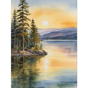 Flathead Lake Watercolor Art Print, Montana Landscape Painting, Forest Lake Wall Art, Pine Trees Nature Decor, Neutral Beige Green Poster